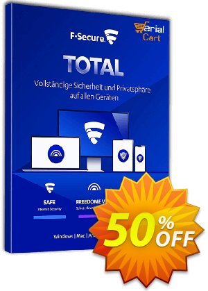 F-Secure TOTAL 1 device Coupon, discount 50% OFF F-Secure TOTAL 1 device (1 year + 12 months), verified. Promotion: Imposing offer code of F-Secure TOTAL 1 device (1 year + 12 months), tested & approved