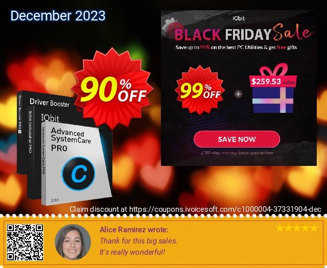 2021 IObit Black Friday Best Value Pack discount 90% OFF, 2022 January promo. 72% OFF Advanced SystemCare 14 PRO, verified