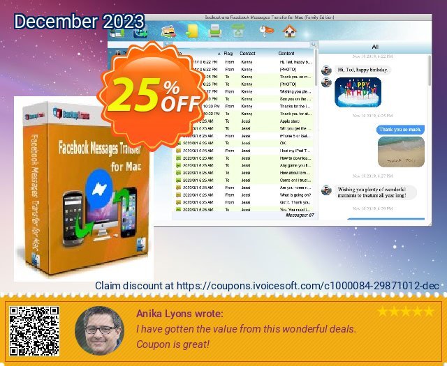 Backuptrans Facebook Messages Transfer for Mac (Business Edition) discount 25% OFF, 2024 Easter Day offering sales. 10% OFF Backuptrans Facebook Messages Transfer for Mac (Business Edition), verified