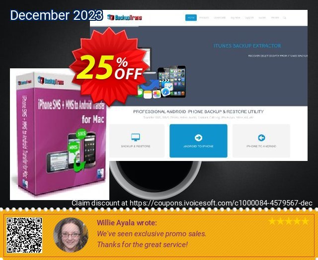 Backuptrans iPhone SMS + MMS to Android Transfer for Mac discount 25% OFF, 2024 World Press Freedom Day sales. Holiday Deals