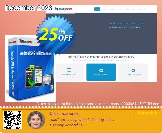 Backuptrans Android SMS to iPhone Transfer (One-Time Usage) discount 25% OFF, 2024 World Backup Day offering sales. Backuptrans Android SMS to iPhone Transfer (One-Time Usage) excellent discounts code 2024