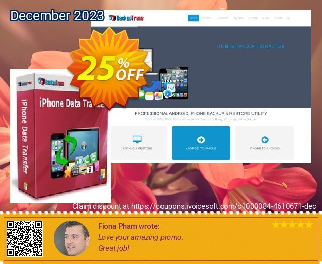 Backuptrans iPhone Data Transfer (Business Edition) discount 25% OFF, 2024 April Fools' Day sales. Backuptrans iPhone Data Transfer (Business Edition) staggering discounts code 2024