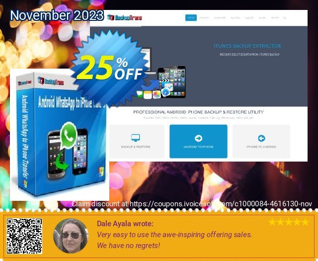 Backuptrans Android WhatsApp to iPhone Transfer (Family Edition) discount 25% OFF, 2024 Mother's Day promo sales. Backuptrans Android WhatsApp to iPhone Transfer (Family Edition) marvelous promo code 2024