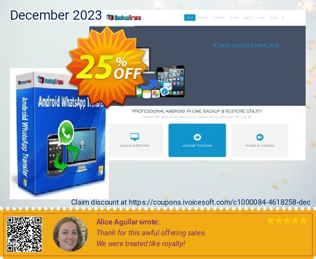 Backuptrans Android WhatsApp Transfer(Business Edition) discount 25% OFF, 2024 April Fools' Day offering sales. Backuptrans Android WhatsApp Transfer(Business Edition) wonderful promo code 2024