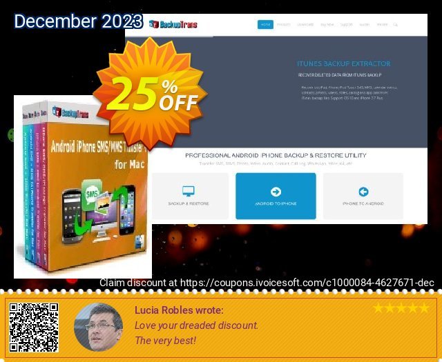 Backuptrans Android iPhone SMS/MMS Transfer plus for Mac (Business Edition) discount 25% OFF, 2024 April Fools' Day offering sales. Holiday Deals