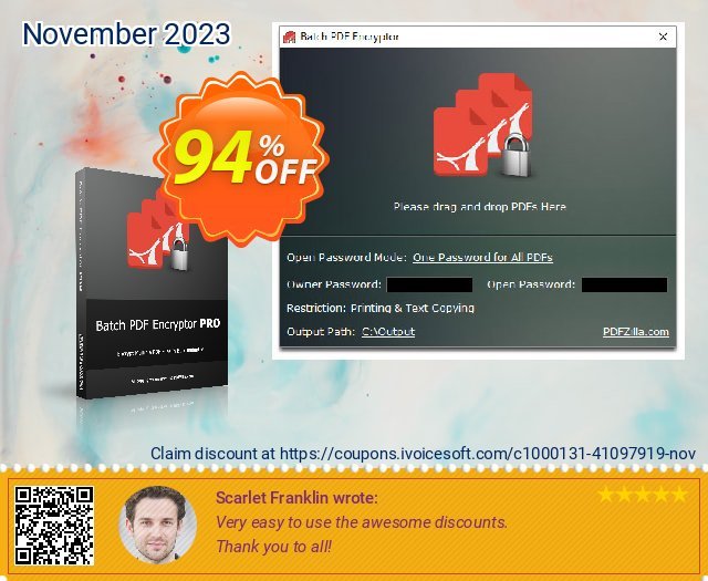 PDFzilla Batch PDF Encryptor PRO discount 94% OFF, 2024 African Liberation Day offering sales. 94% OFF Reezaa Batch PDF Encryptor PRO, verified