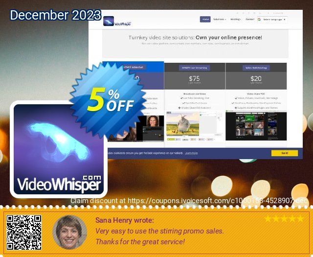 VideoWhisper Whitelabel (Loading Screen + Right Click Link) discount 5% OFF, 2024 Memorial Day sales. Give Me Five 5% Discount