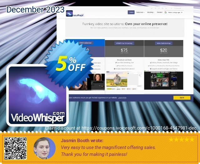 VideoWhisper Level1 License Monthly Rental + Premium2 Red5 Hosting discount 5% OFF, 2024 April Fools' Day offering sales. Give Me Five 5% Discount