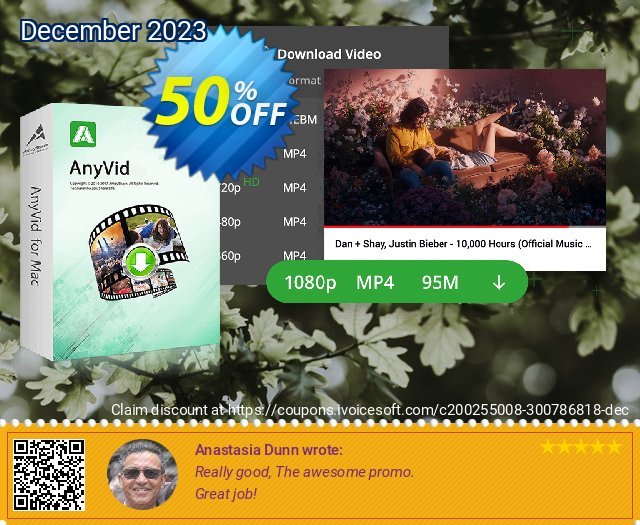 AnyVid for Mac discount 50% OFF, 2024 April Fools' Day promotions. Coupon code AnyVid Mac Annually