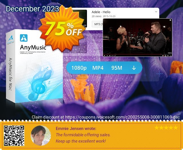 AnyMusic for Mac Lifetime (10 PCs) discount 75% OFF, 2024 Spring promo sales. Coupon code AnyMusic Mac Lifetime (10 PCs)