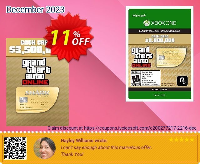 GTA V 5 Whale Shark Cash Card - Xbox One Digital Code discount 11% OFF, 2022 New Year's Day offer. GTA V 5 Whale Shark Cash Card - Xbox One Digital Code Deal