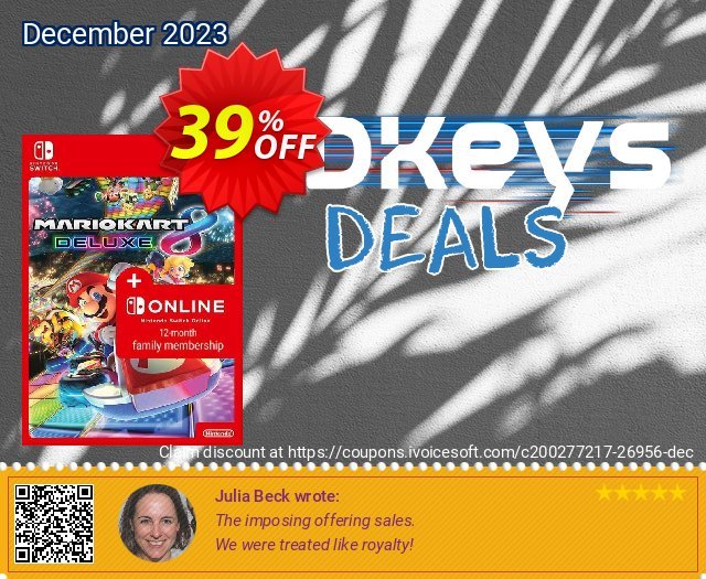 Mario Kart 8 Deluxe + 12 Month Family Membership Switch (EU) discount 39% OFF, 2024 April Fools' Day offering deals. Mario Kart 8 Deluxe + 12 Month Family Membership Switch (EU) Deal