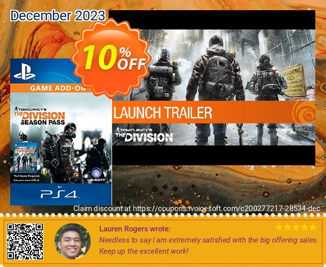 Tom Clancy's The Division Season Pass (EU) PS4 discount 10% OFF, 2024 Spring promo sales. Tom Clancy's The Division Season Pass (EU) PS4 Deal