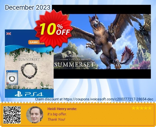 The Elder Scrolls Online: Summerset Collector's Upgrade PS4 (UK) discount 10% OFF, 2024 World Backup Day offering sales. The Elder Scrolls Online: Summerset Collector's Upgrade PS4 (UK) Deal