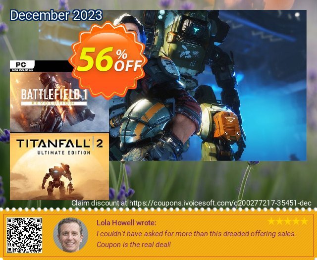 Battlefield 1 Revolution and Titanfall 2 Ultimate Edition Bundle PC discount 56% OFF, 2024 April Fools' Day promo. Battlefield 1 Revolution and Titanfall 2 Ultimate Edition Bundle PC Deal 2024 CDkeys