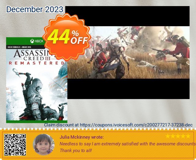 Assassin's Creed III  Remastered PC (EU) discount 44% OFF, 2022 Happy New Year offering deals. Assassin&#039;s Creed III  Remastered PC (EU) Deal 2022 CDkeys