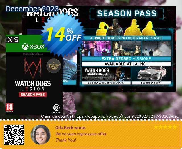 Watch Dogs: Legion Season Pass Xbox One/Xbox Series X|S discount 14% OFF, 2024 April Fools' Day offering sales. Watch Dogs: Legion Season Pass Xbox One/Xbox Series X|S Deal 2024 CDkeys