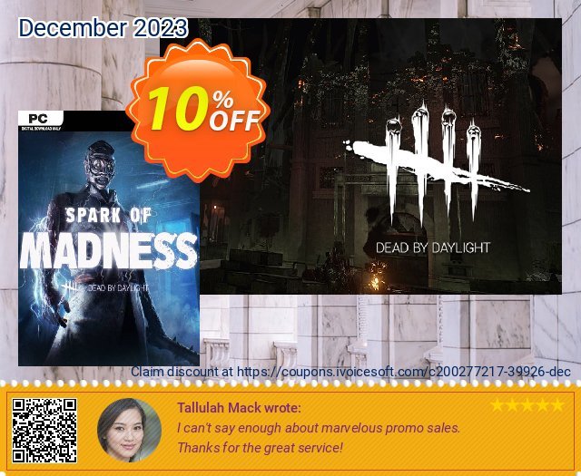 Dead by Daylight PC - Spark of Madness Chapter DLC discount 10% OFF, 2024 World Day of Music deals. Dead by Daylight PC - Spark of Madness Chapter DLC Deal 2024 CDkeys