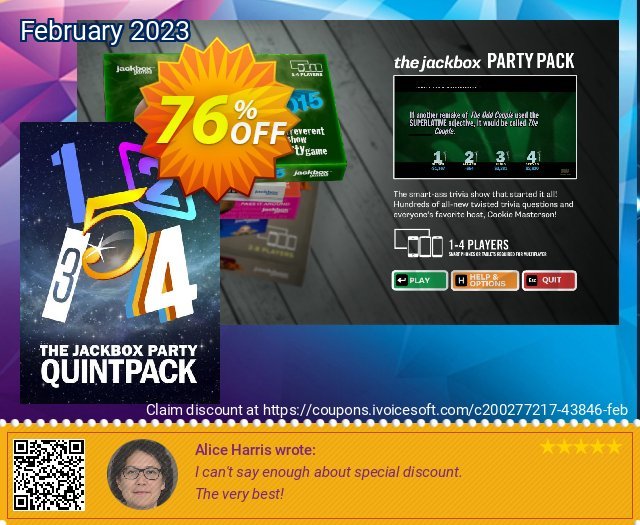 The Jackbox Party Quintpack PC discount 76% OFF, 2024 April Fools' Day offering sales. The Jackbox Party Quintpack PC Deal CDkeys