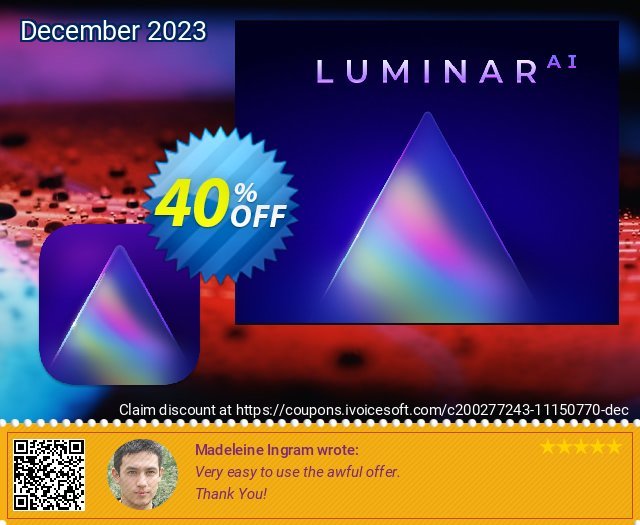Luminar AI One-time purchase discount 40% OFF, 2023 Camera Day offering sales. 40% OFF Luminar AI One-time purchase, verified