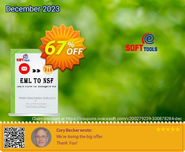 eSoftTools EML to NSF Converter - Enterprise License discount 67% OFF, 2024 Spring offering sales. Coupon code eSoftTools EML to NSF Converter - Enterprise License