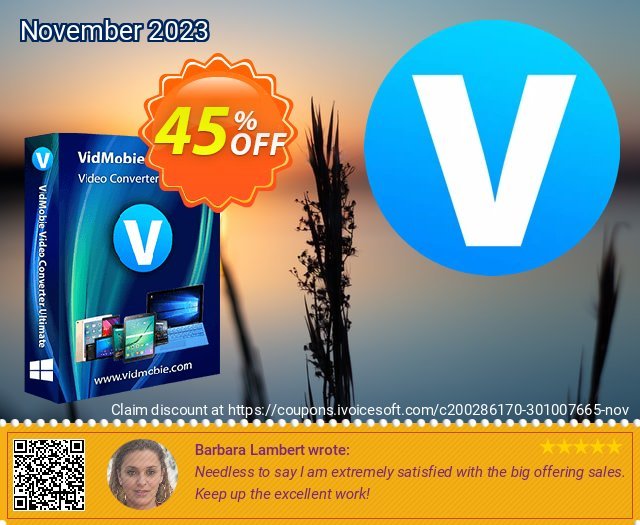VidMobie Video Converter Ultimate (Lifetime License) discount 45% OFF, 2022 National Singles Day offering sales. Coupon code VidMobie Video Converter Ultimate (Lifetime License)