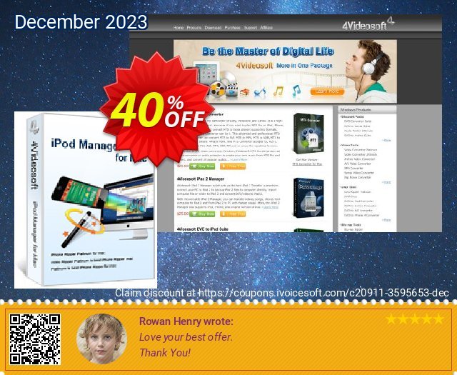 4Videosoft iPod Manager for Mac discount 40% OFF, 2022 January offering sales. 4Videosoft iPod Manager for Mac special sales code 2022
