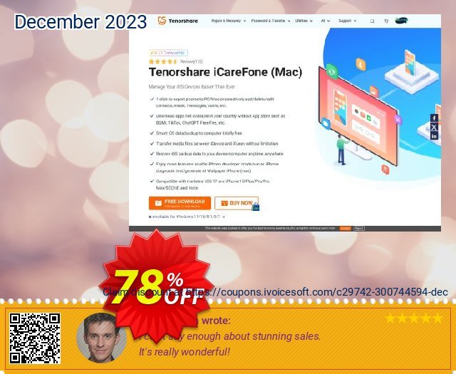 Tenorshare iCareFone (1 Year License) discount 78% OFF, 2023 World Backup Day offering sales. 78% OFF Tenorshare iCareFone (1 Year License), verified