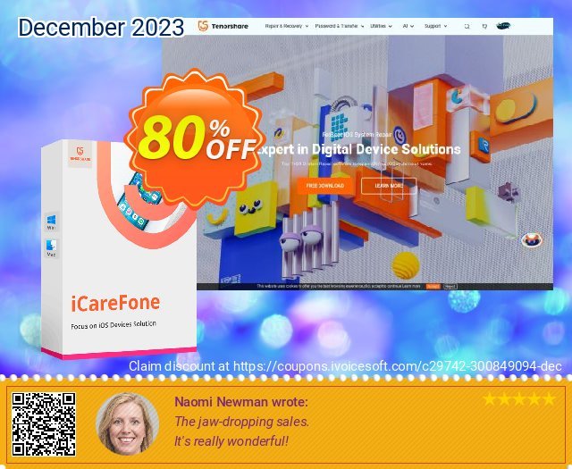 Tenorshare iCareFone for Mac (1 Year License) discount 80% OFF, 2023 World Backup Day offering sales. Promotion code