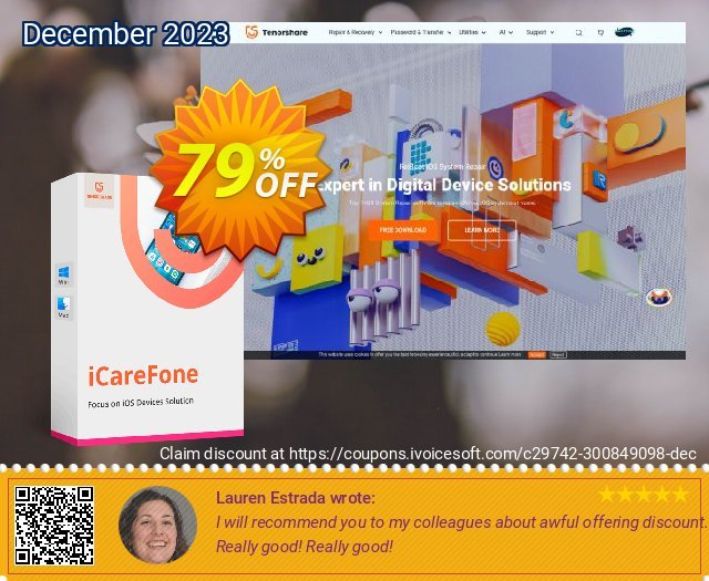 Tenorshare iCareFone for Mac (1 Month License) discount 79% OFF, 2023 April Fools' Day offering sales. Promotion code
