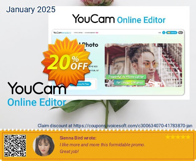 YouCam Online Editor - 10000 credits discount 20% OFF, 2025 New Year's Weekend promo. Affiliate