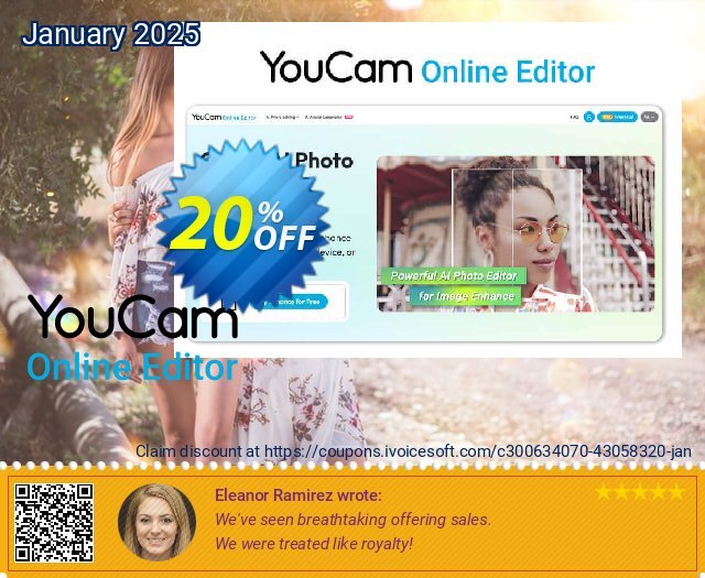 YouCam Online Editor - 40 credits/mo discount 20% OFF, 2025 New Year offering sales. YouCam Online Editor - 40 credits/mo Special discount code 2025