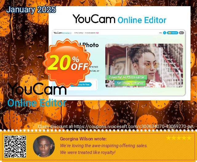 YouCam Online Editor - 20000 credits/mo discount 20% OFF, 2025 New Year's Weekend offering sales. Affiliate