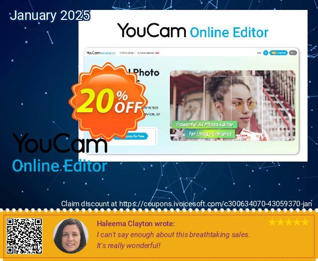 YouCam Online Editor - 200 credits/mo x 12 discount 20% OFF, 2025 New Year sales. YouCam Online Editor - 200 credits/mo x 12 Wondrous discount code 2025