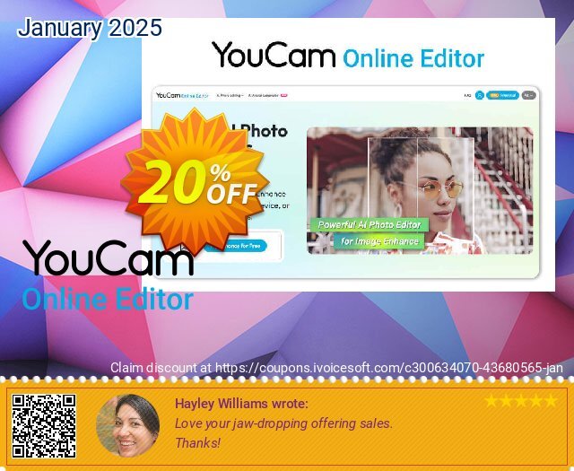 YouCam Online Editor - 500 credits/mo x 12 discount 20% OFF, 2025 New Year's Day offering sales. YouCam Online Editor - 500 credits/mo x 12 Wonderful promo code 2025