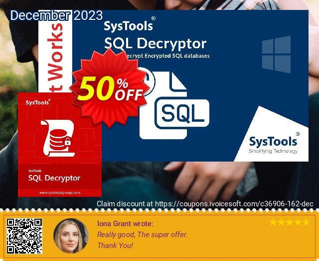 SysTools SQL Decryptor (Business) discount 50% OFF, 2022 New Year's eve offer. SysTools coupon 36906