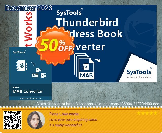 SysTools MAB Converter discount 50% OFF, 2024 Mother's Day offering sales. 50% OFF SysTools Thunderbird Address Book Converter, verified