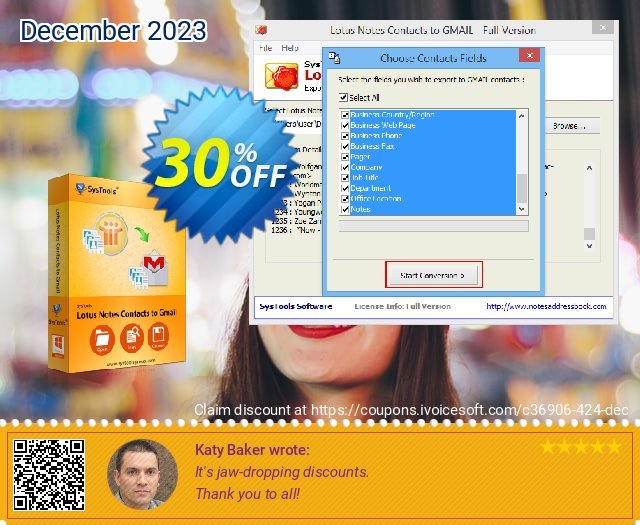 SysTools Lotus Notes Contacts to Gmail (Enterprise) discount 30% OFF, 2024 Spring offering sales. SysTools coupon 36906