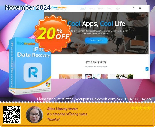 Coolmuster iPhone Data Recovery - 1 Year(1 PC, Unlimited Devices) discount 20% OFF, 2024 Cyber Monday offering sales. Coolmuster iPhone Data Recovery - 1 Year(1 PC, Unlimited Devices) Excellent discounts code 2024