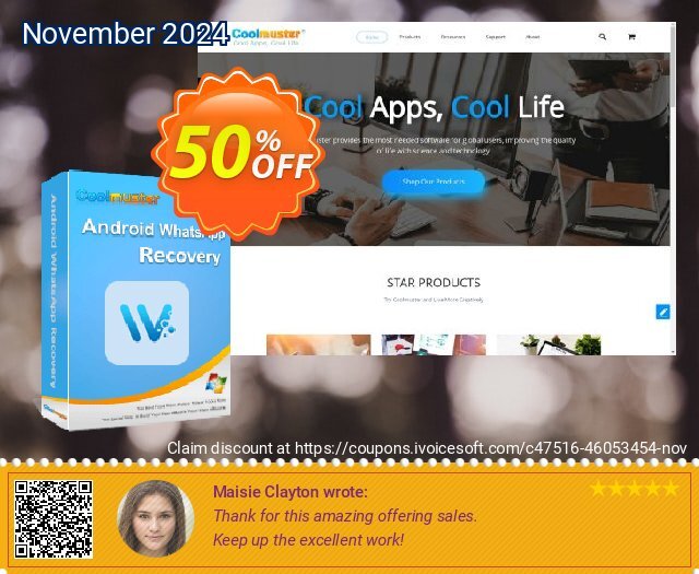 Coolmuster Android WhatsApp Recovery - Lifetime License (3 Devices, 1 PC) discount 50% OFF, 2024 Thanksgiving Day offering sales. Coolmuster Android WhatsApp Recovery - Lifetime License(3 Devices, 1 PC) Wondrous deals code 2024