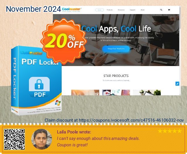 Coolmuster PDF Locker - 1 Month License (10 PCs) discount 20% OFF, 2024 Black Friday deals. Coolmuster PDF Locker - 1 Month License(10 PCs) Wondrous offer code 2024