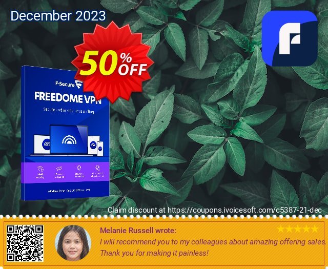 F-Secure FREEDOME VPN 3 devices discount 50% OFF, 2022 National Savings Day discount. 50% OFF F-Secure FREEDOME VPN 3 devices, verified