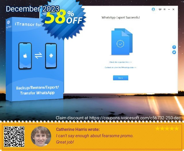 iTransor for WhatsApp Mac Version (1-Month) discount 58% OFF, 2022 Thanksgiving Day promo sales. 58% OFF iTransor for WhatsApp Mac Version (1-Month), verified