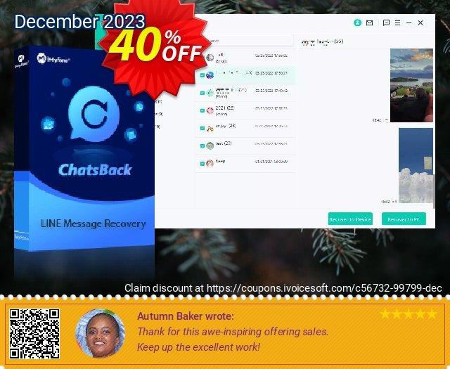 iMyFone ChatsBack for LINE for MAC 1-month discount 40% OFF, 2023 Spring promo sales. 40% OFF iMyFone ChatsBack for LINE for MAC 1-month, verified