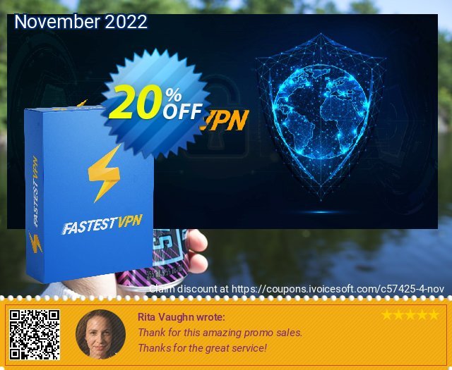 FastestVPN 1 month discount 20% OFF, 2023 World Backup Day promotions. 20% OFF FastestVPN 1 month, verified