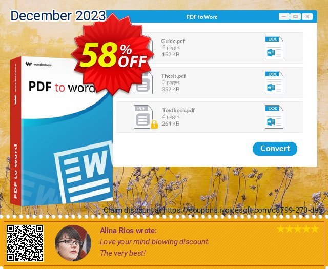 Wondershare PDF to Word Converter discount 58% OFF, 2022 World Photo Day promotions. Winter Sale 30% Off For PDF Software