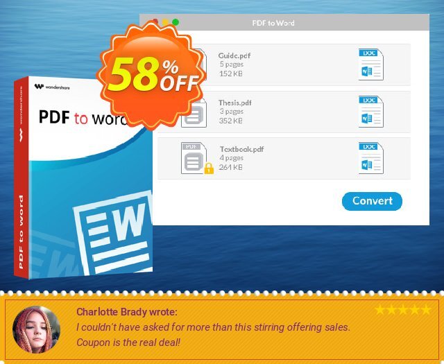 Wondershare PDF to Word Converter for Mac discount 58% OFF, 2024 Spring offering sales. Winter Sale 30% Off For PDF Software