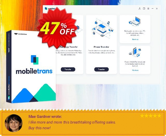 Wondershare MobileTrans discount 47% OFF, 2024 April Fools' Day offering sales. MT 30% OFF