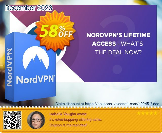 NordVPN 2-year plan discount 58% OFF, 2022 Memorial Day offering sales. 58% OFF NordVPN 2-year plan, verified