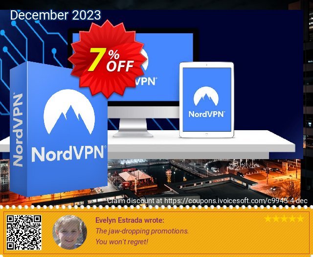 NordVPN 1-month plan discount 7% OFF, 2022 Happy New Year promo sales. 7% OFF NordVPN 1-month plan, verified